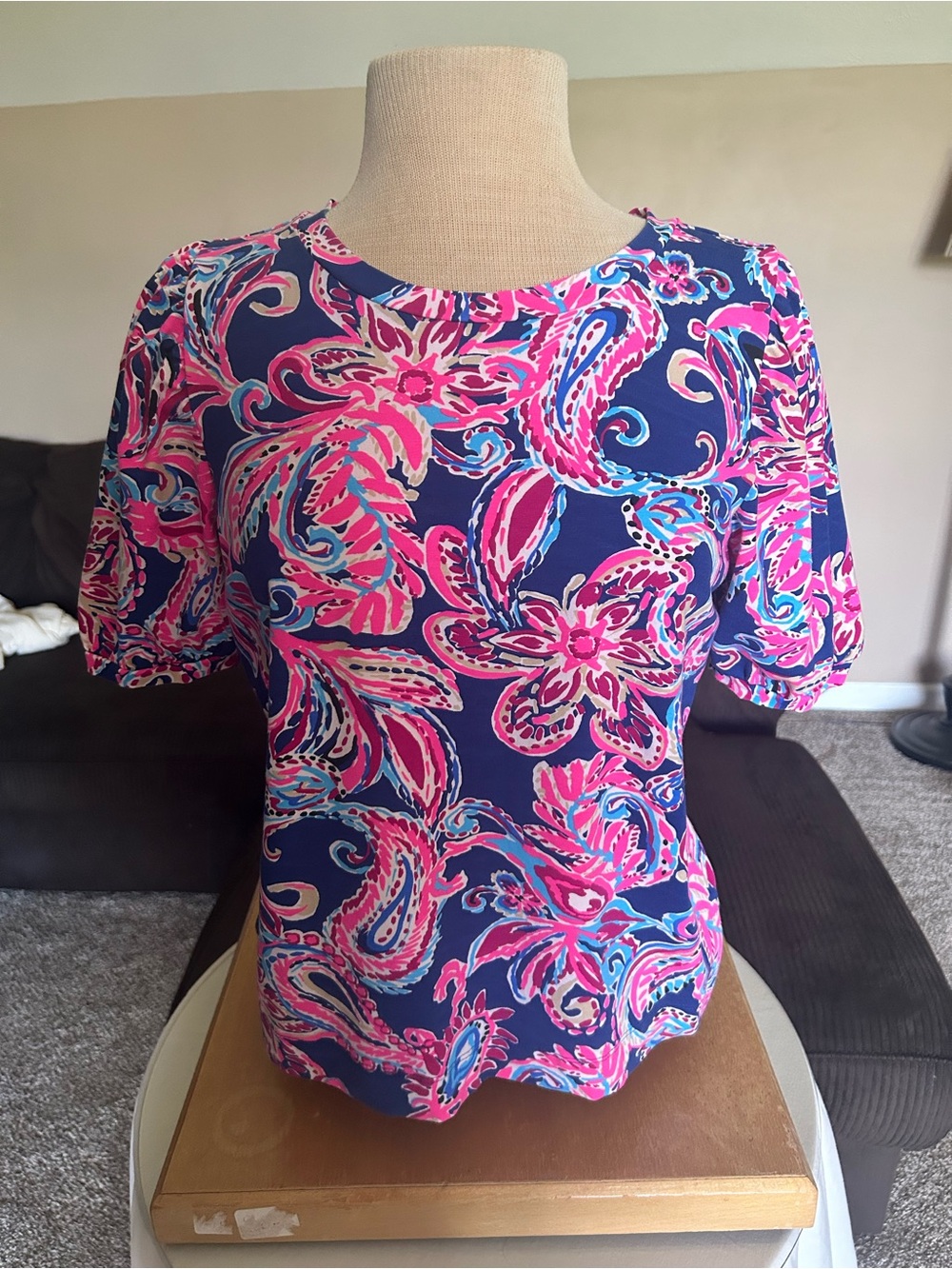Lilly Pulitzer Navy Floral Paisley Short Sleeve Top - Pink & Blue